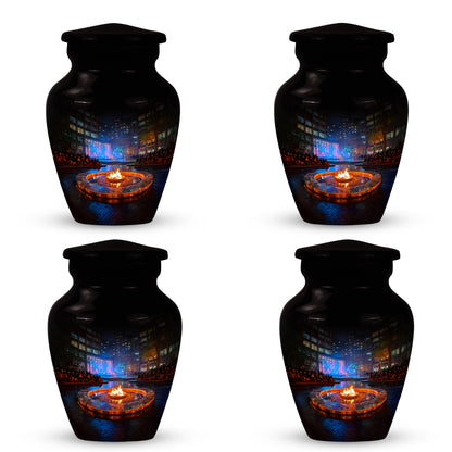 Glossy Black Campfire Cremation Urn side profile showing urn shape - classic sculpted campfire pattern on smooth aluminum - 10 inch aluminum urn for cremated remains