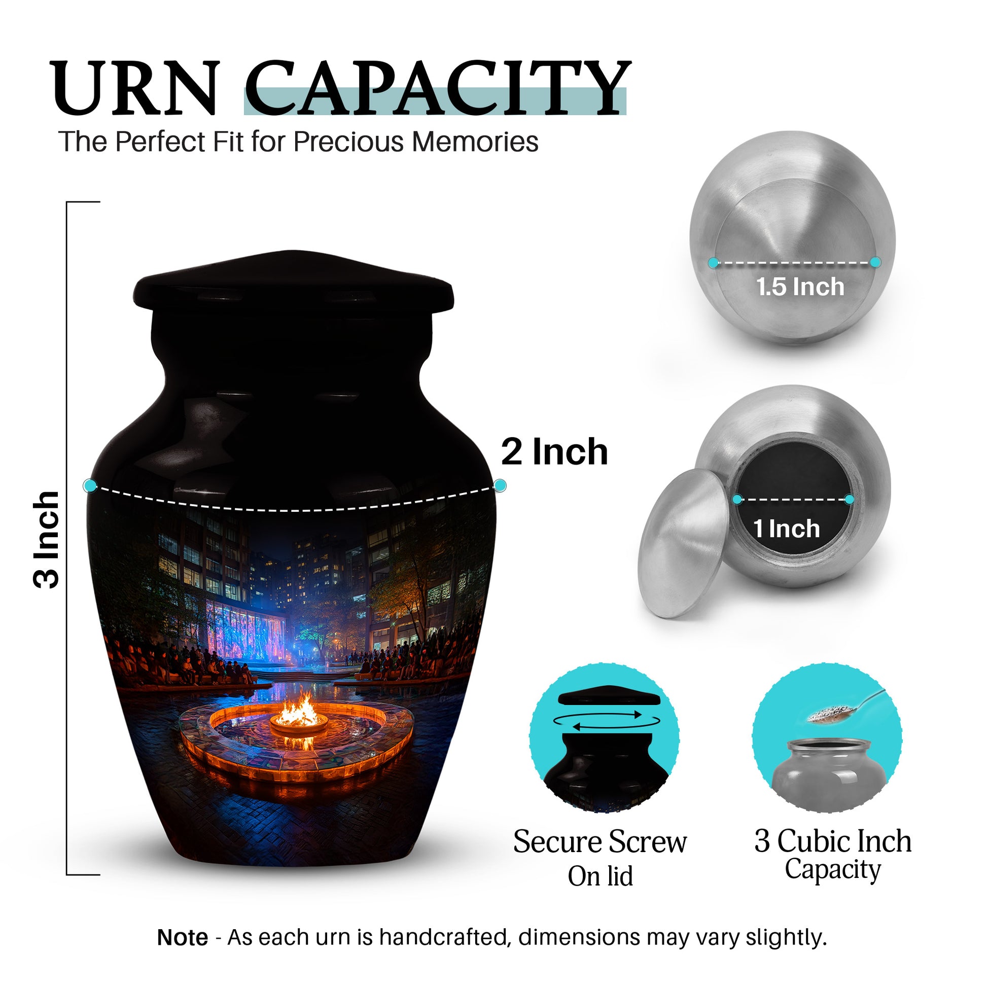 Rich Black Campfire Cremation Urn close-up of engraving and surface detail - classic sculpted campfire pattern on smooth aluminum - mini keepsake memorial for portion of cremation ashes
