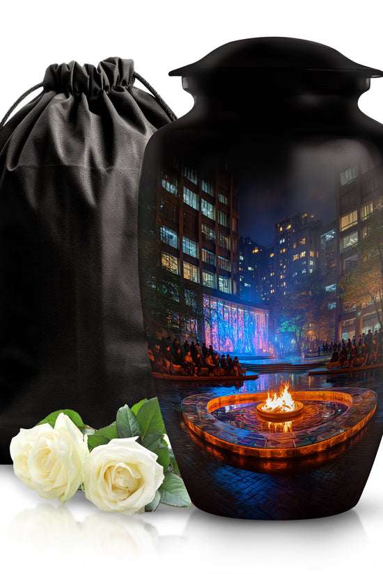 Onyx Black Campfire Cremation Urn angled view of lid and engraved motif - elegant classic campfire relief with fine detailing - full-size 10 inch 200 cubic inch adult cremation urn