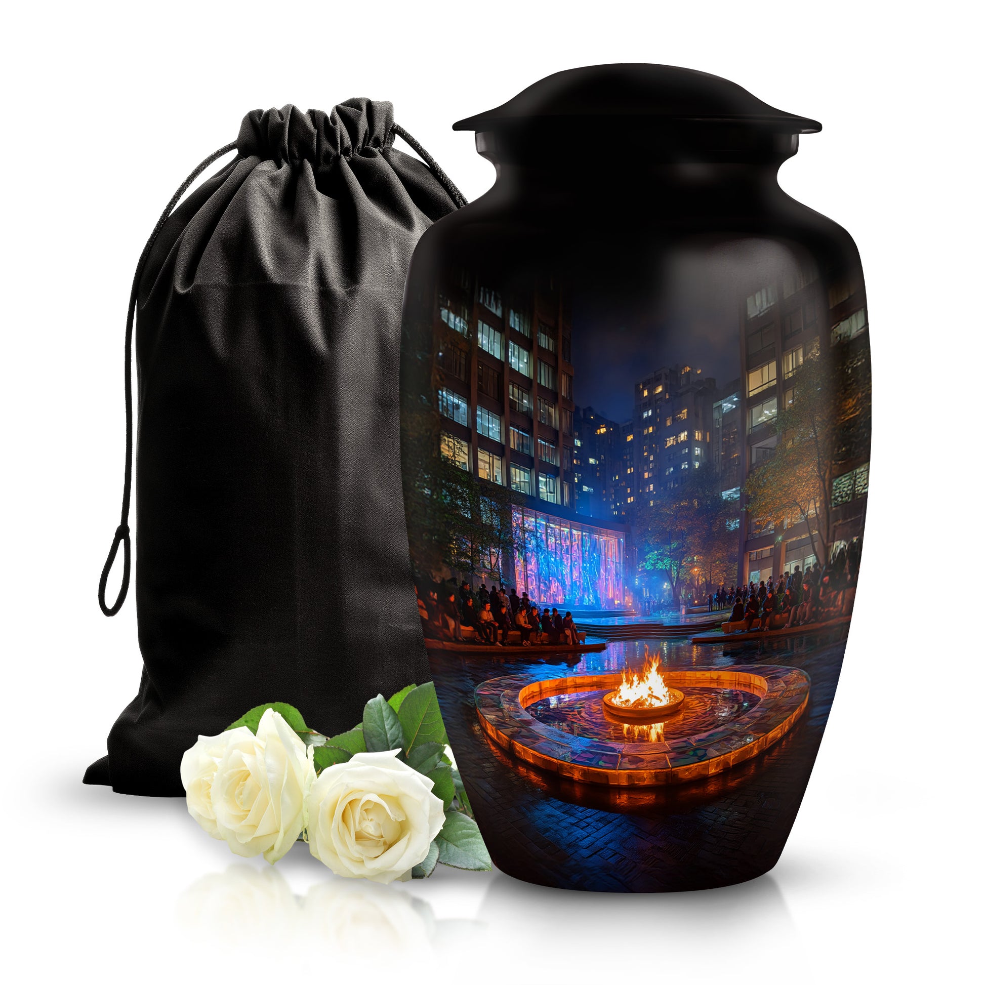 Onyx Black Campfire Cremation Urn angled view of lid and engraved motif - elegant classic campfire relief with fine detailing - full-size 10 inch 200 cubic inch adult cremation urn
