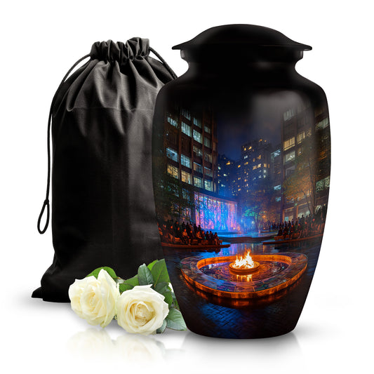 Onyx Black Campfire Cremation Urn angled view of lid and engraved motif - elegant classic campfire relief with fine detailing - full-size 10 inch 200 cubic inch adult cremation urn