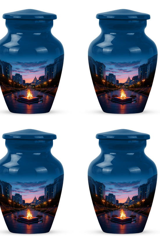 Sapphire Blue Campfire Cremation Urn side profile showing urn shape - traditional campfire engraving with hand-polished finish - 10 inch aluminum urn for cremated remains
