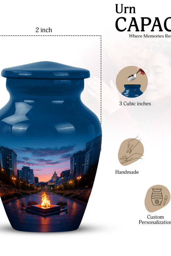 Twilight Blue Campfire Cremation Urn close-up of engraving and surface detail - traditional campfire engraving with hand-polished finish - mini keepsake memorial for portion of cremation ashes