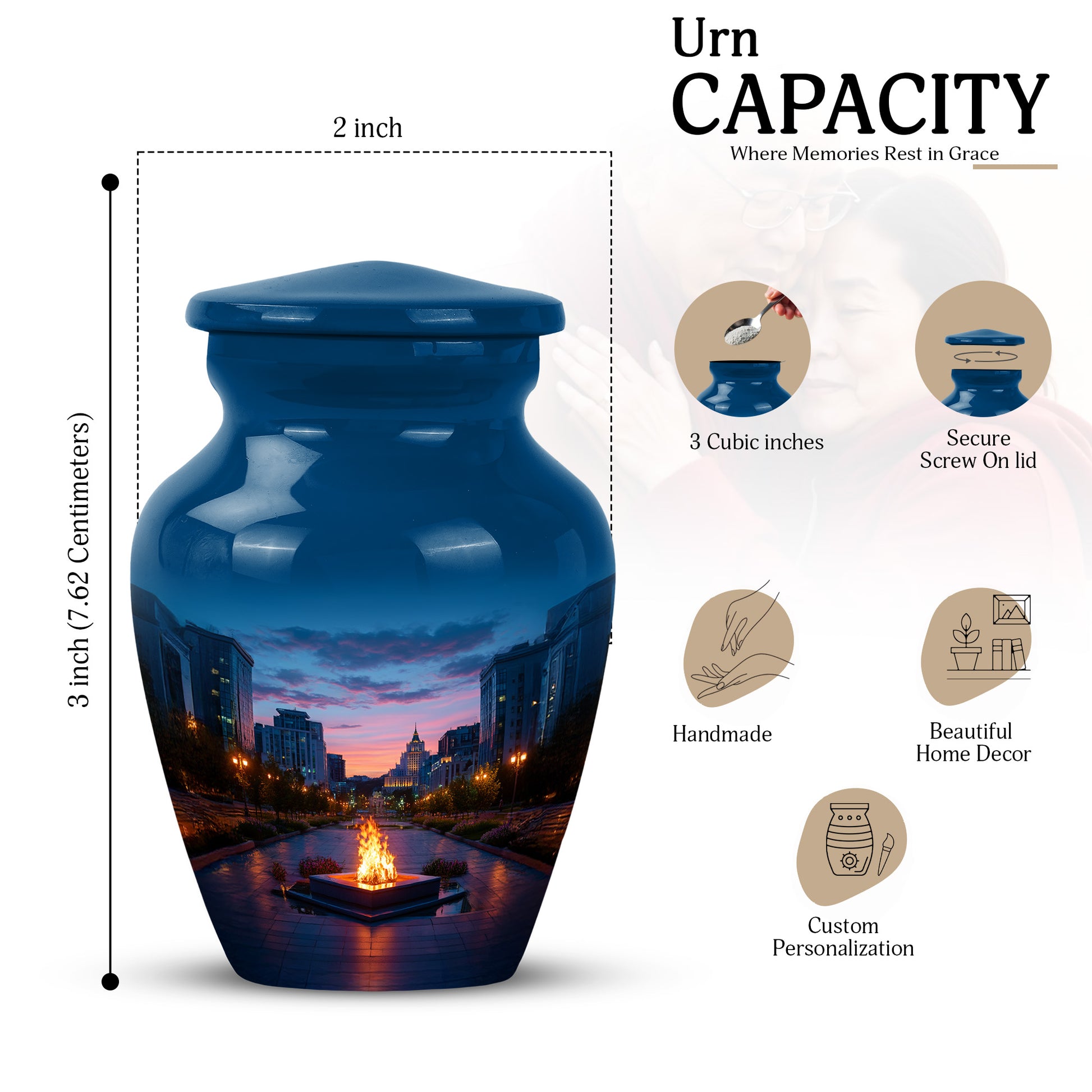 Twilight Blue Campfire Cremation Urn close-up of engraving and surface detail - traditional campfire engraving with hand-polished finish - mini keepsake memorial for portion of cremation ashes