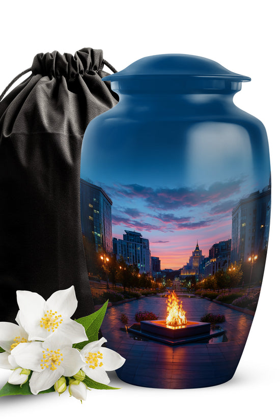 Slate Blue Campfire Cremation Urn angled view of lid and engraved motif - classic sculpted campfire pattern on smooth aluminum - full-size 10 inch 200 cubic inch adult cremation urn