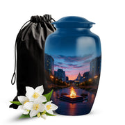 Slate Blue Campfire Cremation Urn angled view of lid and engraved motif - classic sculpted campfire pattern on smooth aluminum - full-size 10 inch 200 cubic inch adult cremation urn
