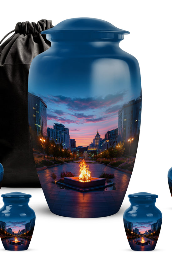 Celestial Blue Campfire Cremation Urn top-down view of secure threaded lid - timeless campfire motif etched into premium metal - memorial set with one large and four small urns