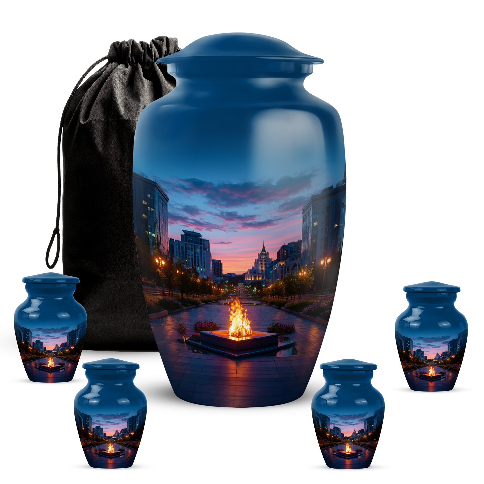 Celestial Blue Campfire Cremation Urn top-down view of secure threaded lid - timeless campfire motif etched into premium metal - memorial set with one large and four small urns