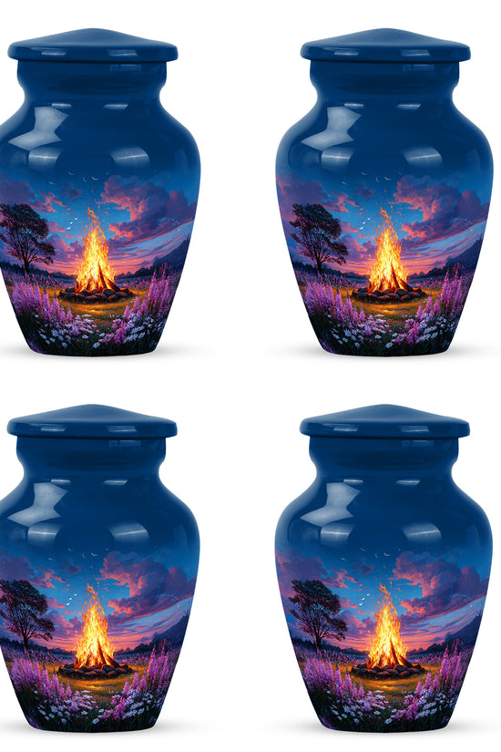 Serene Blue Campfire Cremation Urn side profile showing urn shape - elegant classic campfire relief with fine detailing - 10 inch aluminum urn for cremated remains