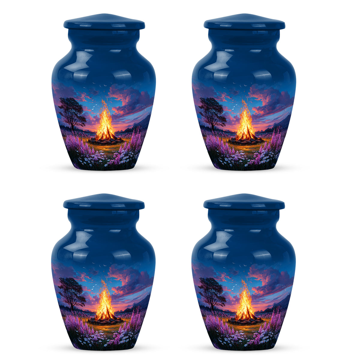 Serene Blue Campfire Cremation Urn side profile showing urn shape - elegant classic campfire relief with fine detailing - 10 inch aluminum urn for cremated remains