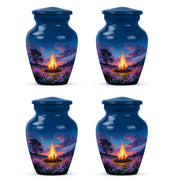 Serene Blue Campfire Cremation Urn side profile showing urn shape - elegant classic campfire relief with fine detailing - 10 inch aluminum urn for cremated remains