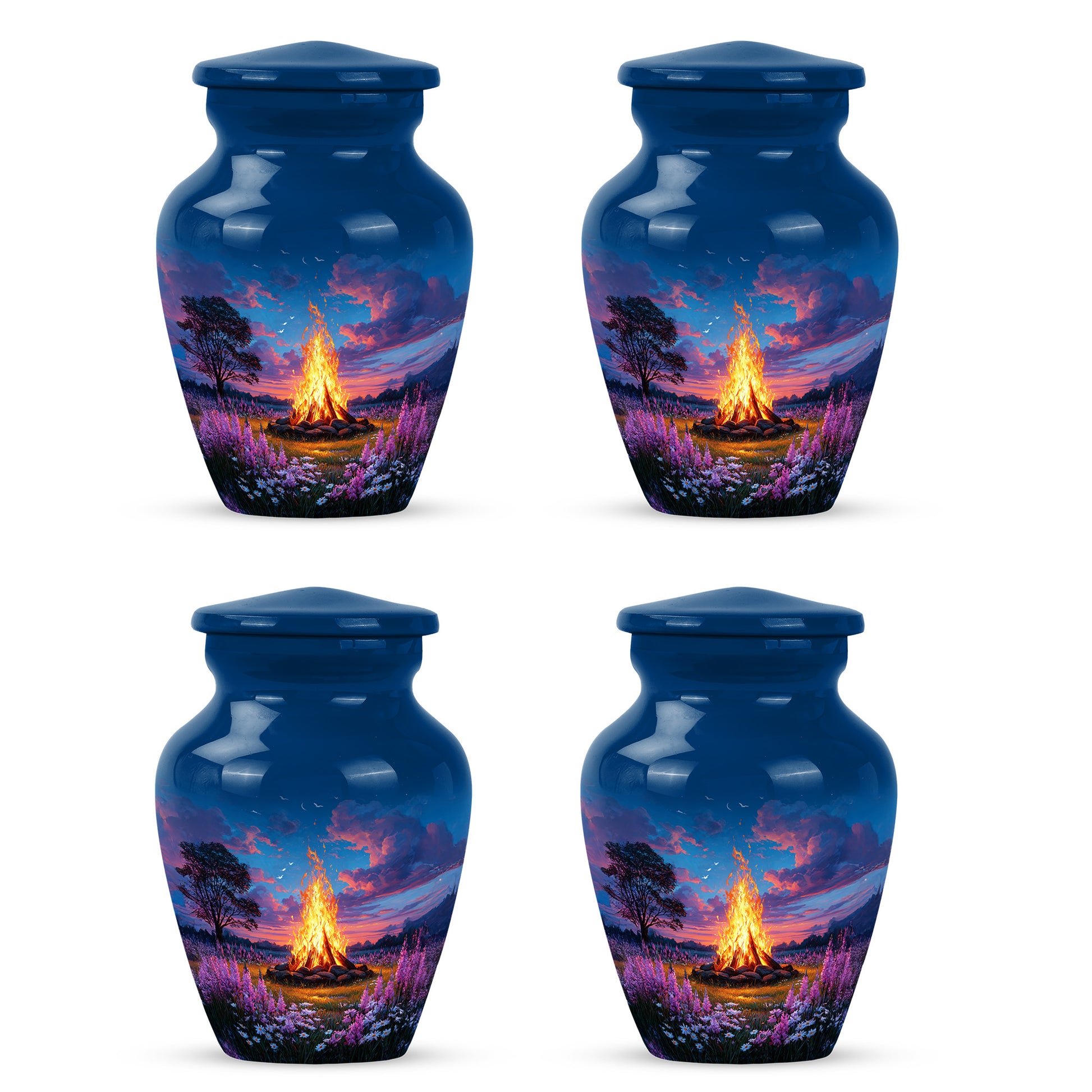 Serene Blue Campfire Cremation Urn side profile showing urn shape - elegant classic campfire relief with fine detailing - 10 inch aluminum urn for cremated remains