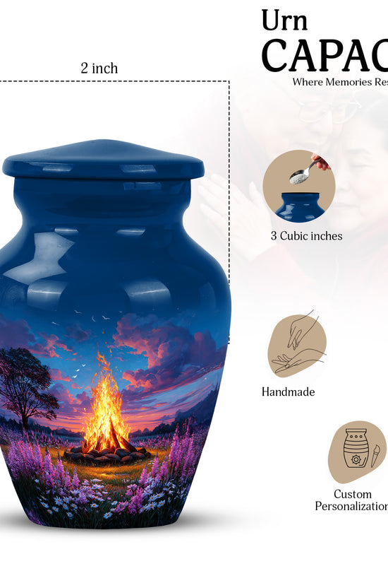 Azure Campfire Cremation Urn close-up of engraving and surface detail - classic sculpted campfire pattern on smooth aluminum - mini keepsake memorial for portion of cremation ashes