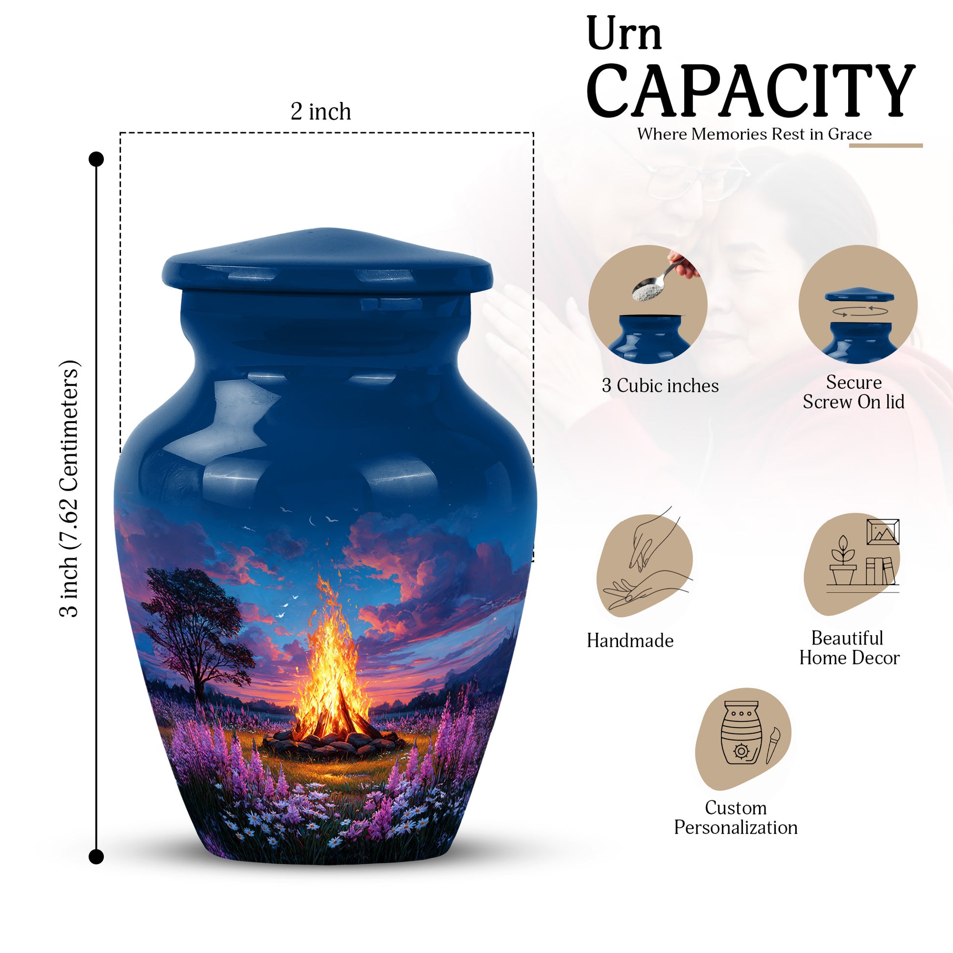 Azure Campfire Cremation Urn close-up of engraving and surface detail - classic sculpted campfire pattern on smooth aluminum - mini keepsake memorial for portion of cremation ashes