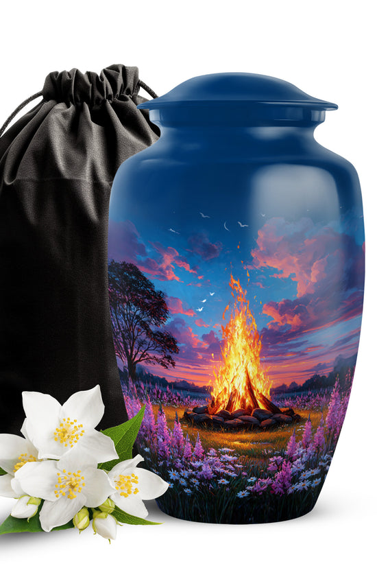 Vivid Blue Campfire Cremation Urn angled view of lid and engraved motif - elegant classic campfire relief with fine detailing - full-size 10 inch 200 cubic inch adult cremation urn