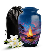 Vivid Blue Campfire Cremation Urn angled view of lid and engraved motif - elegant classic campfire relief with fine detailing - full-size 10 inch 200 cubic inch adult cremation urn