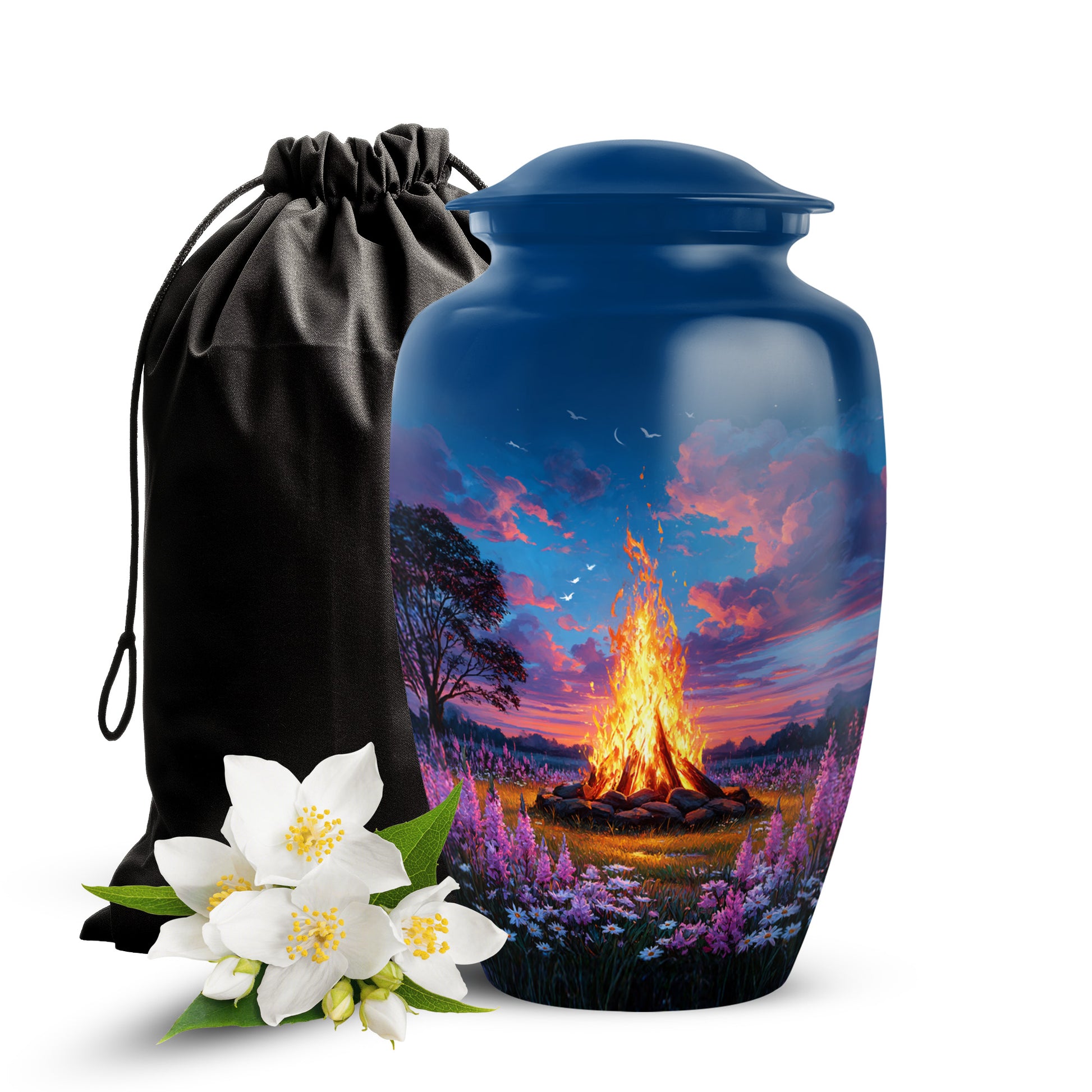 Vivid Blue Campfire Cremation Urn angled view of lid and engraved motif - elegant classic campfire relief with fine detailing - full-size 10 inch 200 cubic inch adult cremation urn