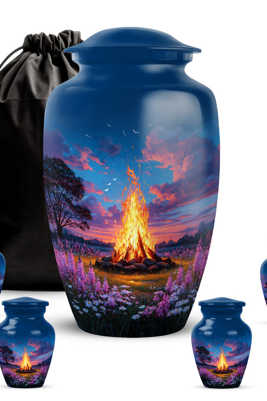 Powder Blue Campfire Cremation Urn top-down view of secure threaded lid - timeless campfire motif etched into premium metal - memorial set with one large and four small urns