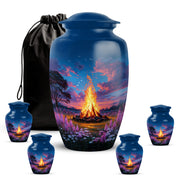 Powder Blue Campfire Cremation Urn top-down view of secure threaded lid - timeless campfire motif etched into premium metal - memorial set with one large and four small urns
