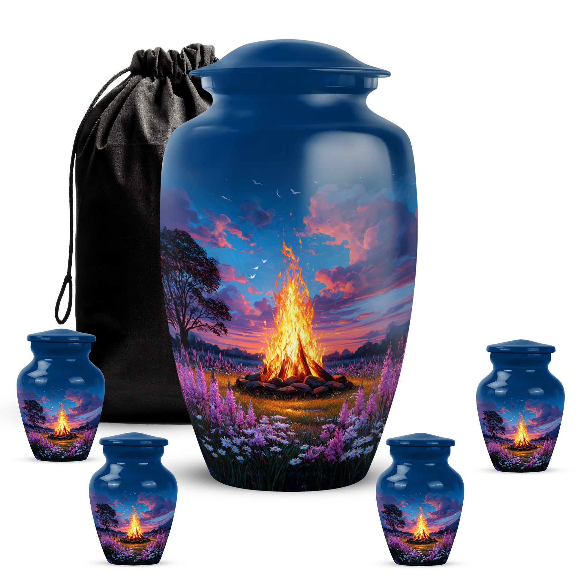 Powder Blue Campfire Cremation Urn top-down view of secure threaded lid - timeless campfire motif etched into premium metal - memorial set with one large and four small urns
