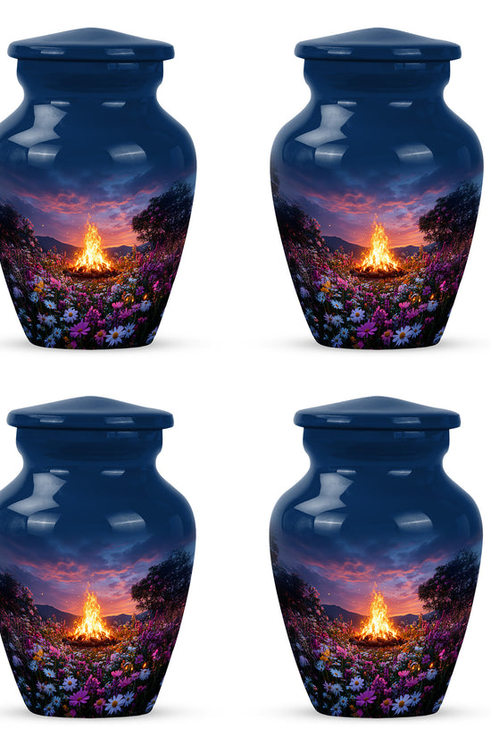 Royal Blue Campfire Cremation Urn side profile showing urn shape - elegant classic campfire relief with fine detailing - 10 inch aluminum urn for cremated remains