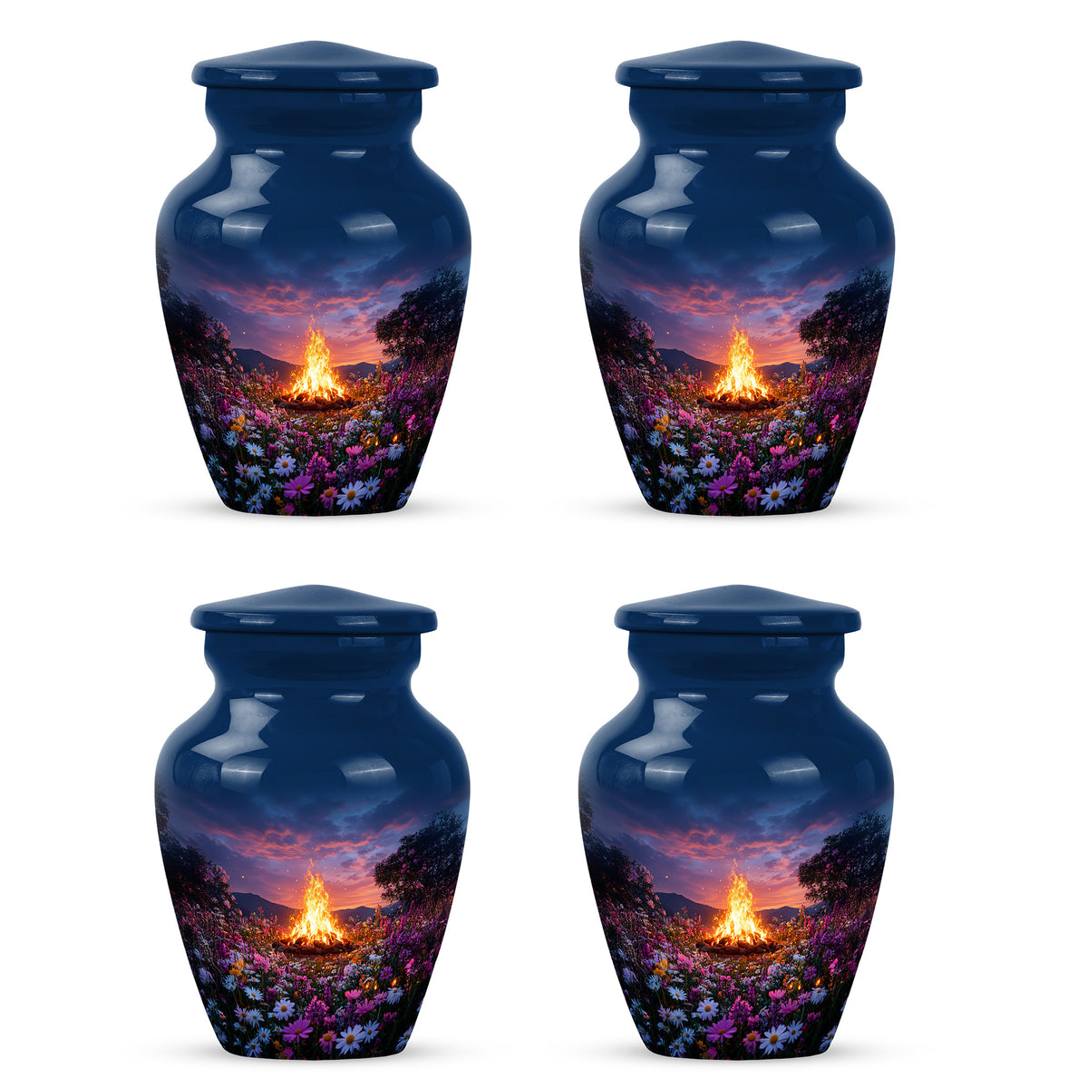 Royal Blue Campfire Cremation Urn side profile showing urn shape - elegant classic campfire relief with fine detailing - 10 inch aluminum urn for cremated remains