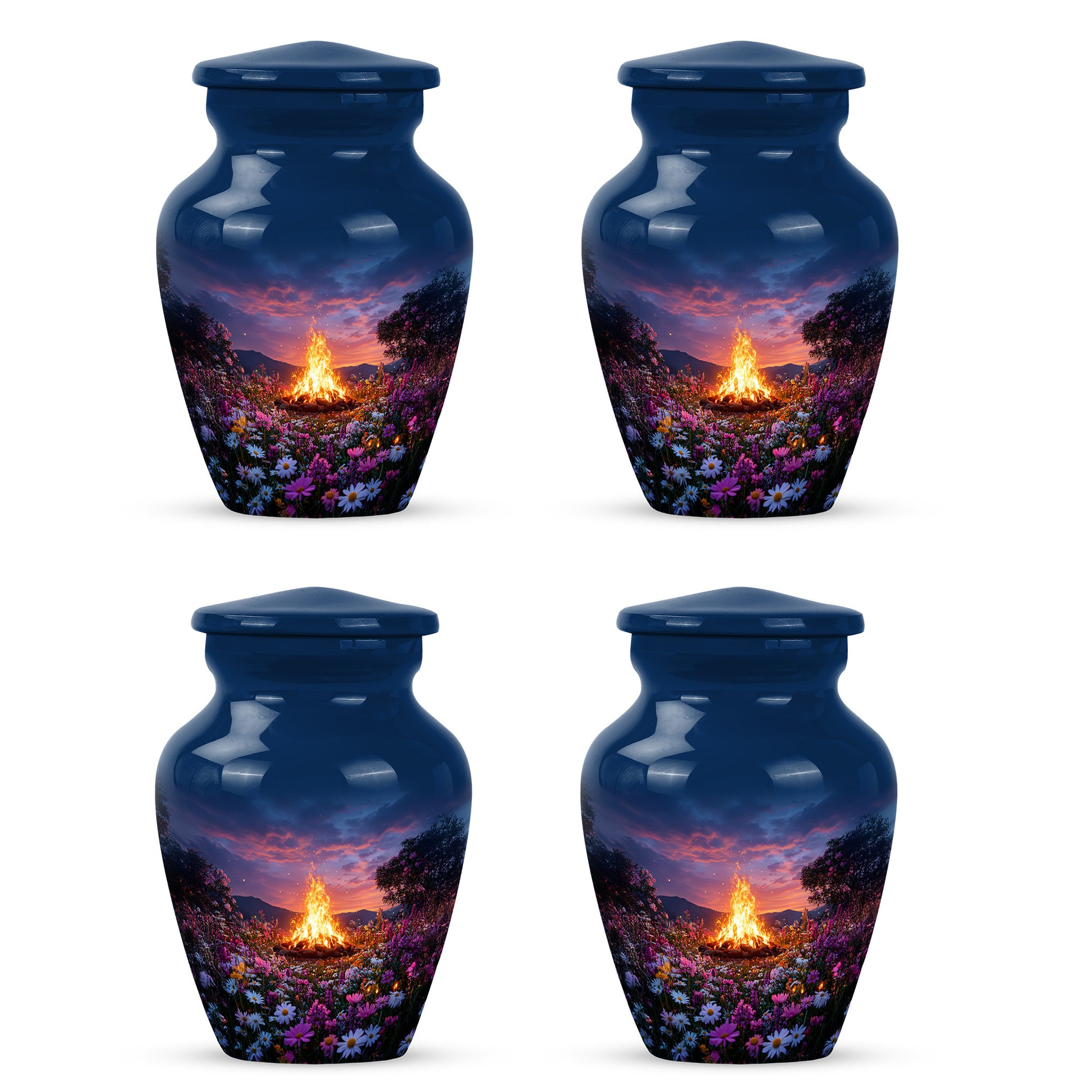 Royal Blue Campfire Cremation Urn side profile showing urn shape - elegant classic campfire relief with fine detailing - 10 inch aluminum urn for cremated remains
