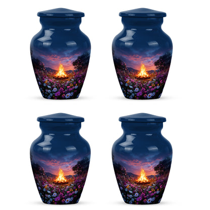 Royal Blue Campfire Cremation Urn side profile showing urn shape - elegant classic campfire relief with fine detailing - 10 inch aluminum urn for cremated remains