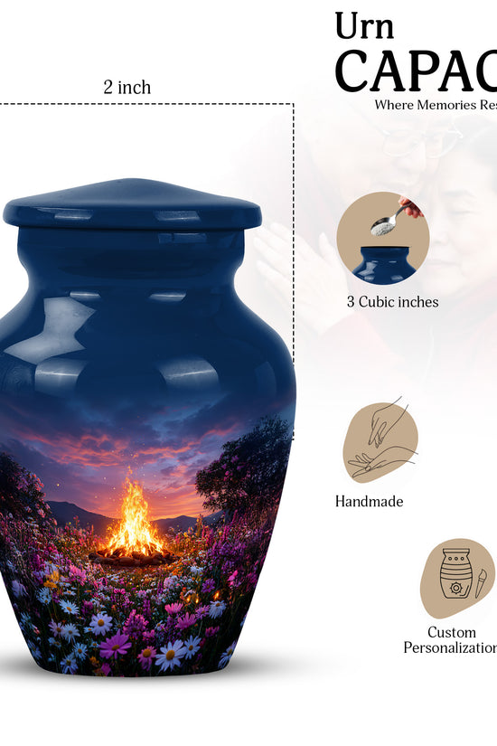 Cobalt Blue Campfire Cremation Urn close-up of engraving and surface detail - elegant classic campfire relief with fine detailing - mini keepsake memorial for portion of cremation ashes