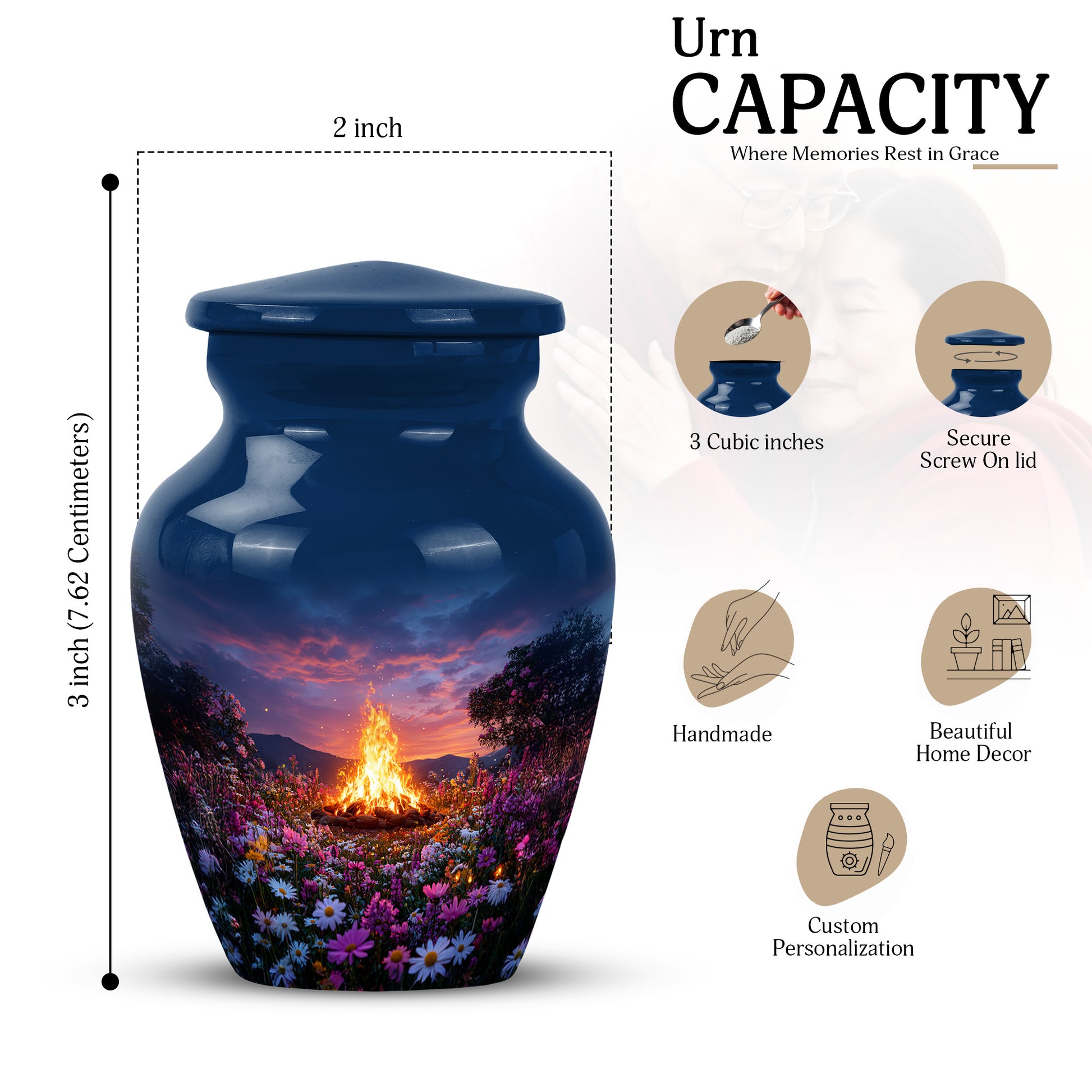 Cobalt Blue Campfire Cremation Urn close-up of engraving and surface detail - elegant classic campfire relief with fine detailing - mini keepsake memorial for portion of cremation ashes