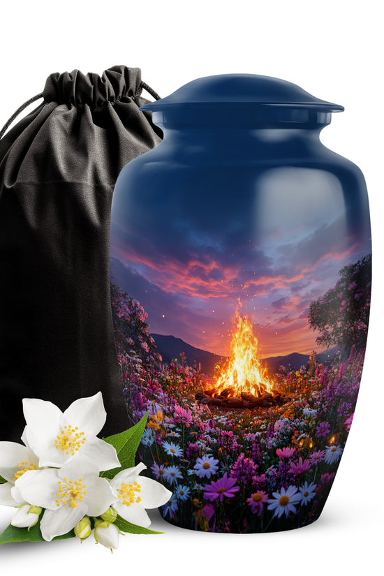Misty Blue Campfire Cremation Urn angled view of lid and engraved motif - classic sculpted campfire pattern on smooth aluminum - full-size 10 inch 200 cubic inch adult cremation urn