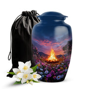 Misty Blue Campfire Cremation Urn angled view of lid and engraved motif - classic sculpted campfire pattern on smooth aluminum - full-size 10 inch 200 cubic inch adult cremation urn