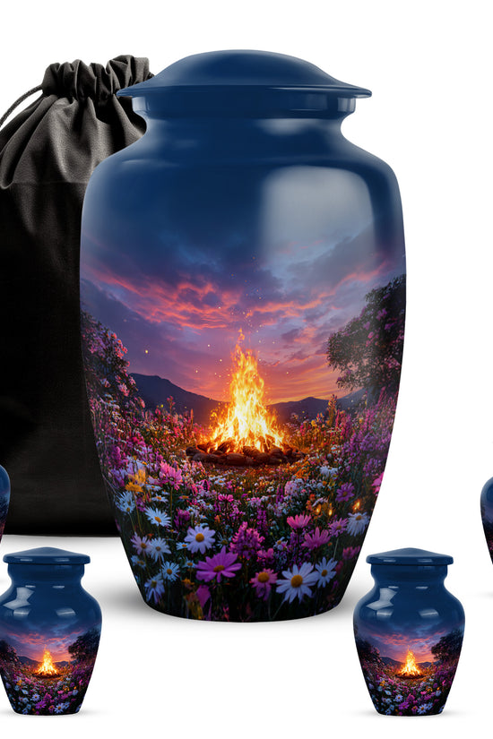 Pastel Blue Campfire Cremation Urn top-down view of secure threaded lid - timeless campfire motif etched into premium metal - memorial set with one large and four small urns