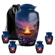 Pastel Blue Campfire Cremation Urn top-down view of secure threaded lid - timeless campfire motif etched into premium metal - memorial set with one large and four small urns