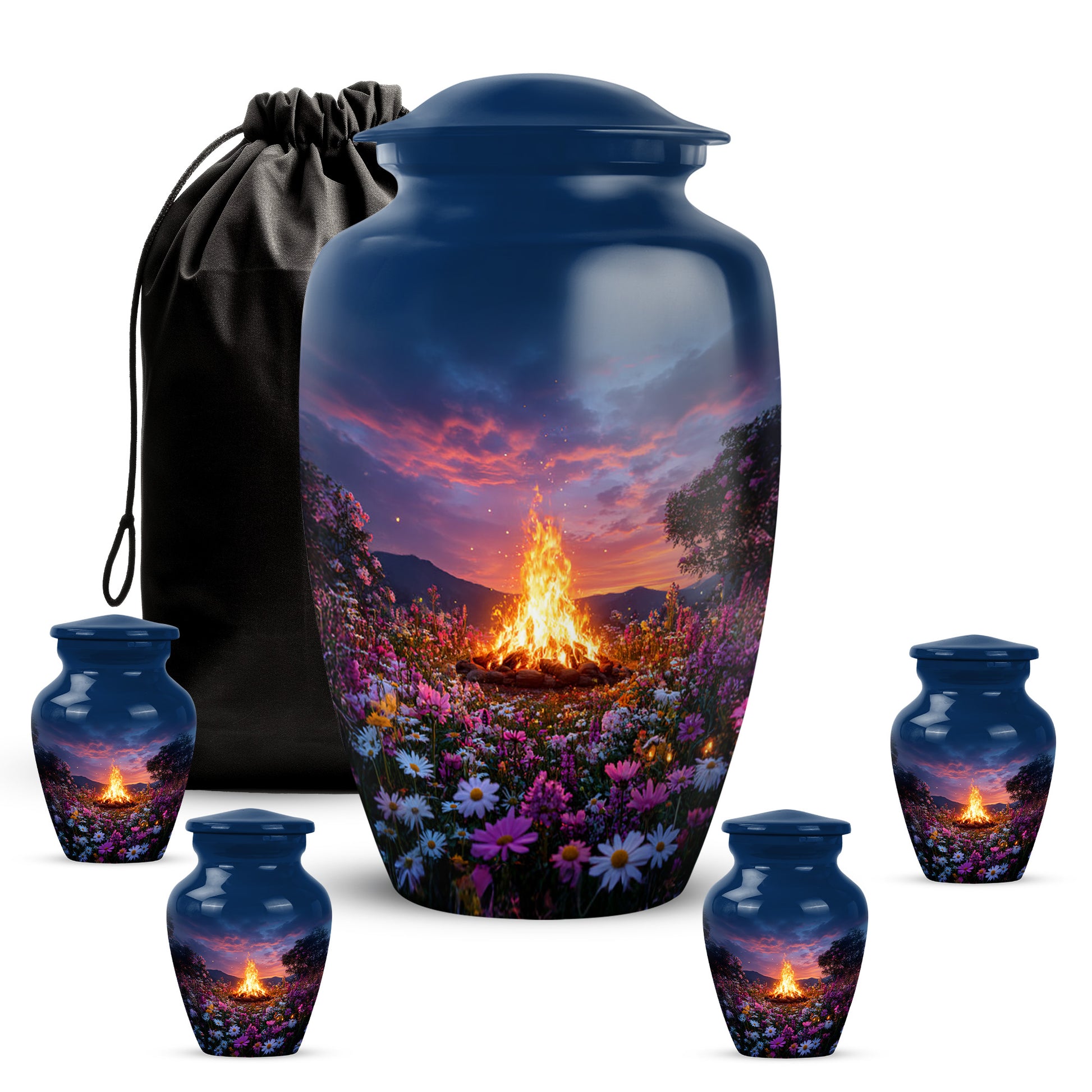 Pastel Blue Campfire Cremation Urn top-down view of secure threaded lid - timeless campfire motif etched into premium metal - memorial set with one large and four small urns