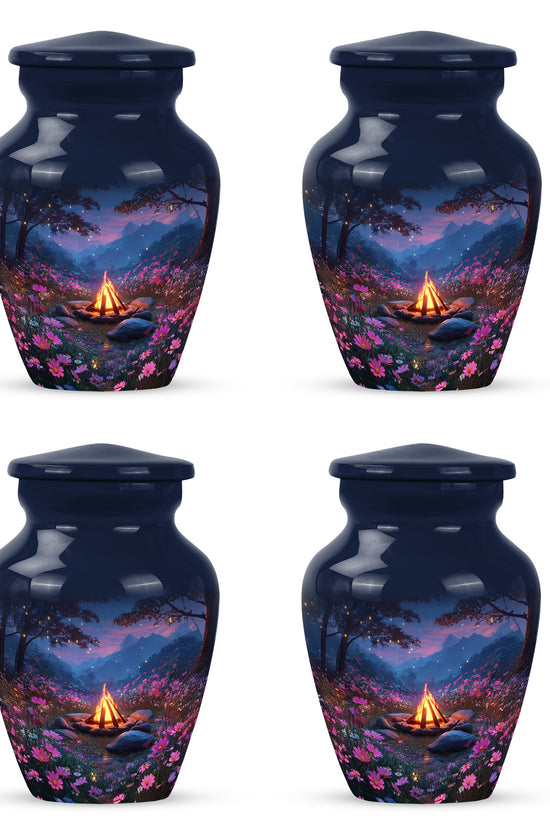 Steel Blue Campfire Cremation Urn side profile showing urn shape - elegant classic campfire relief with fine detailing - 10 inch aluminum urn for cremated remains