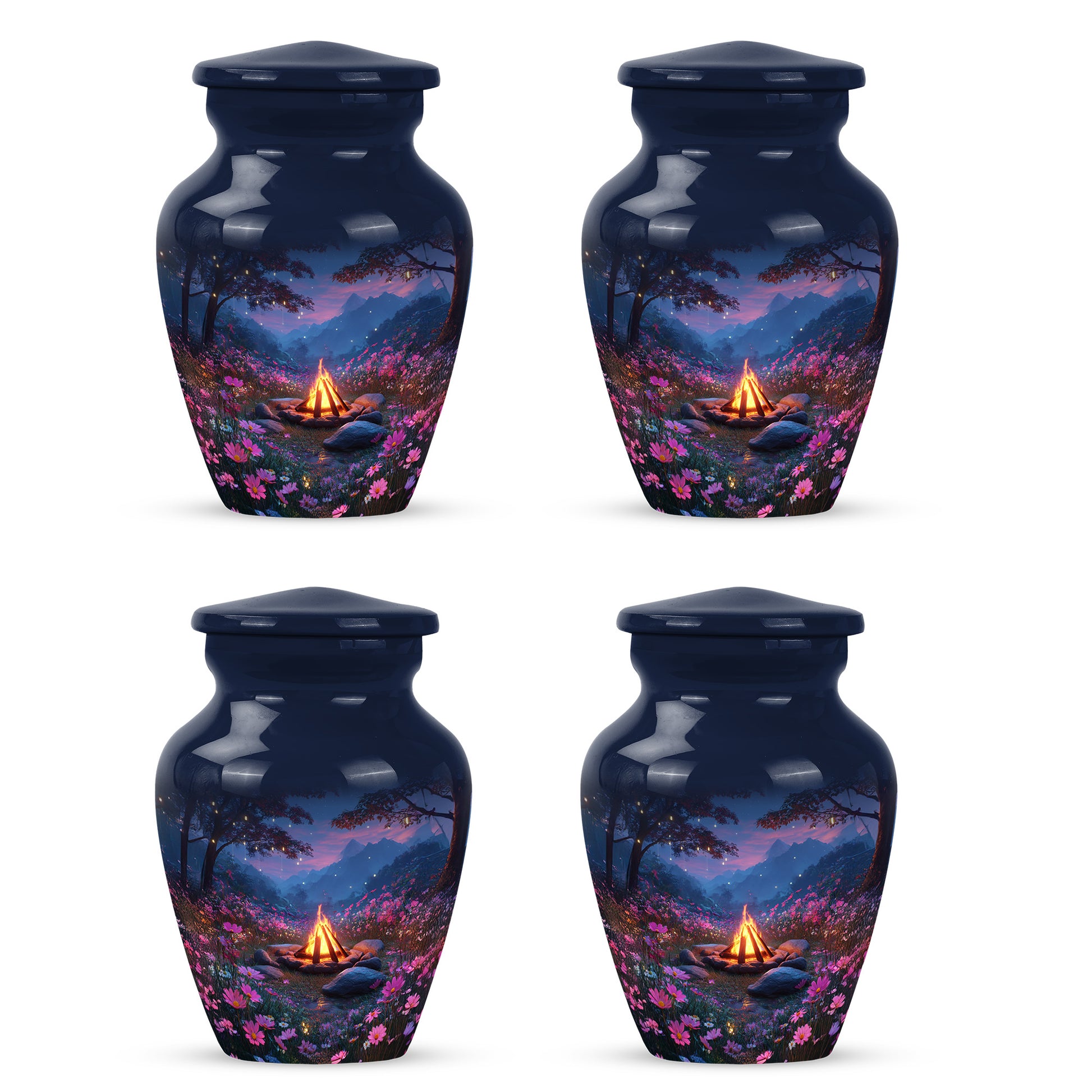 Steel Blue Campfire Cremation Urn side profile showing urn shape - elegant classic campfire relief with fine detailing - 10 inch aluminum urn for cremated remains