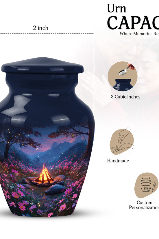 Powder Blue Campfire Cremation Urn close-up of engraving and surface detail - classic sculpted campfire pattern on smooth aluminum - mini keepsake memorial for portion of cremation ashes