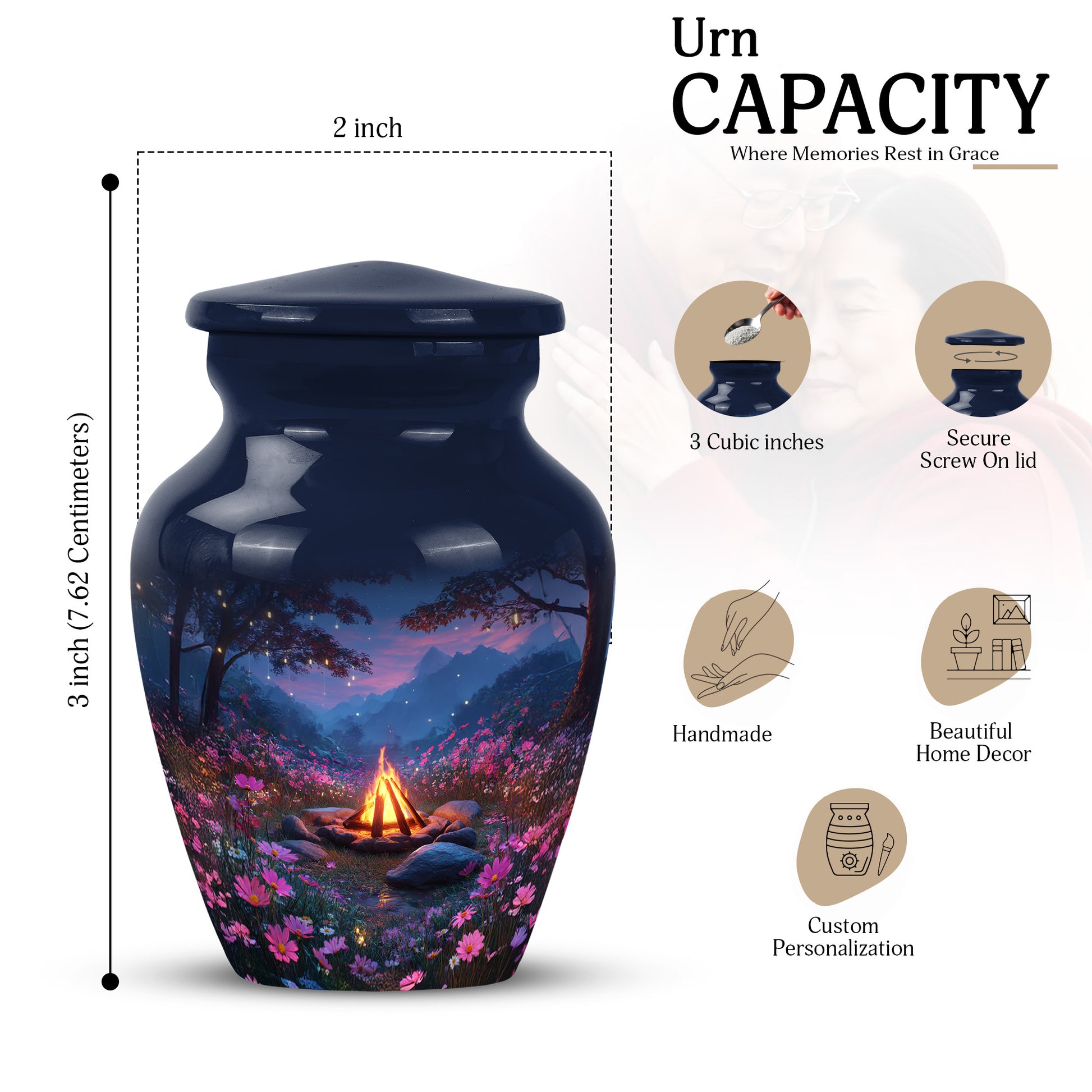 Powder Blue Campfire Cremation Urn close-up of engraving and surface detail - classic sculpted campfire pattern on smooth aluminum - mini keepsake memorial for portion of cremation ashes