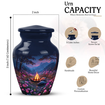Powder Blue Campfire Cremation Urn close-up of engraving and surface detail - classic sculpted campfire pattern on smooth aluminum - mini keepsake memorial for portion of cremation ashes