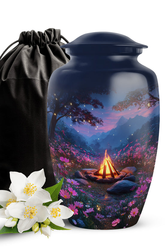 Twilight Blue Campfire Cremation Urn angled view of lid and engraved motif - traditional campfire engraving with hand-polished finish - full-size 10 inch 200 cubic inch adult cremation urn