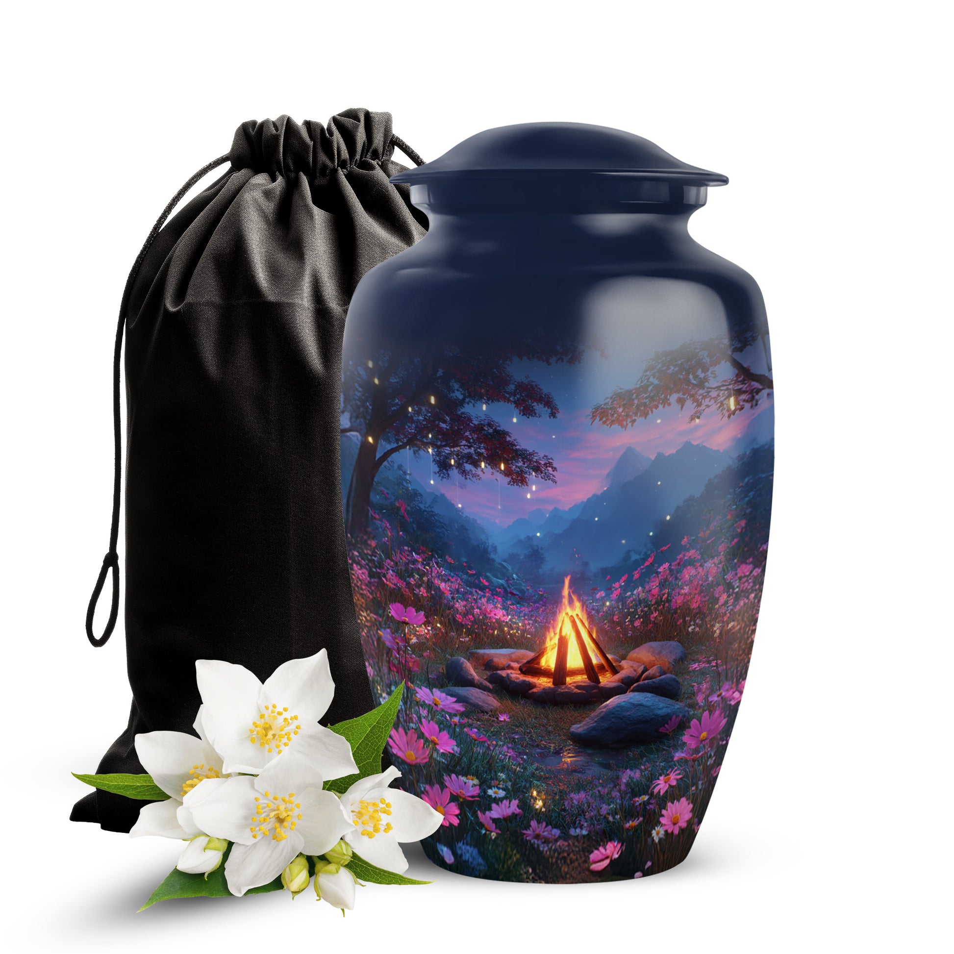 Twilight Blue Campfire Cremation Urn angled view of lid and engraved motif - traditional campfire engraving with hand-polished finish - full-size 10 inch 200 cubic inch adult cremation urn