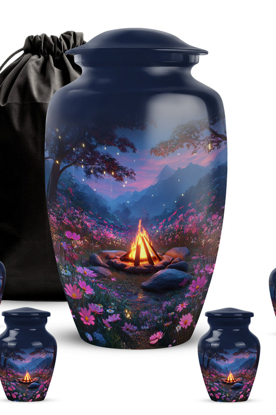 Indigo Campfire Cremation Urn top-down view of secure threaded lid - classic sculpted campfire pattern on smooth aluminum - memorial set with one large and four small urns
