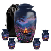 Indigo Campfire Cremation Urn top-down view of secure threaded lid - classic sculpted campfire pattern on smooth aluminum - memorial set with one large and four small urns