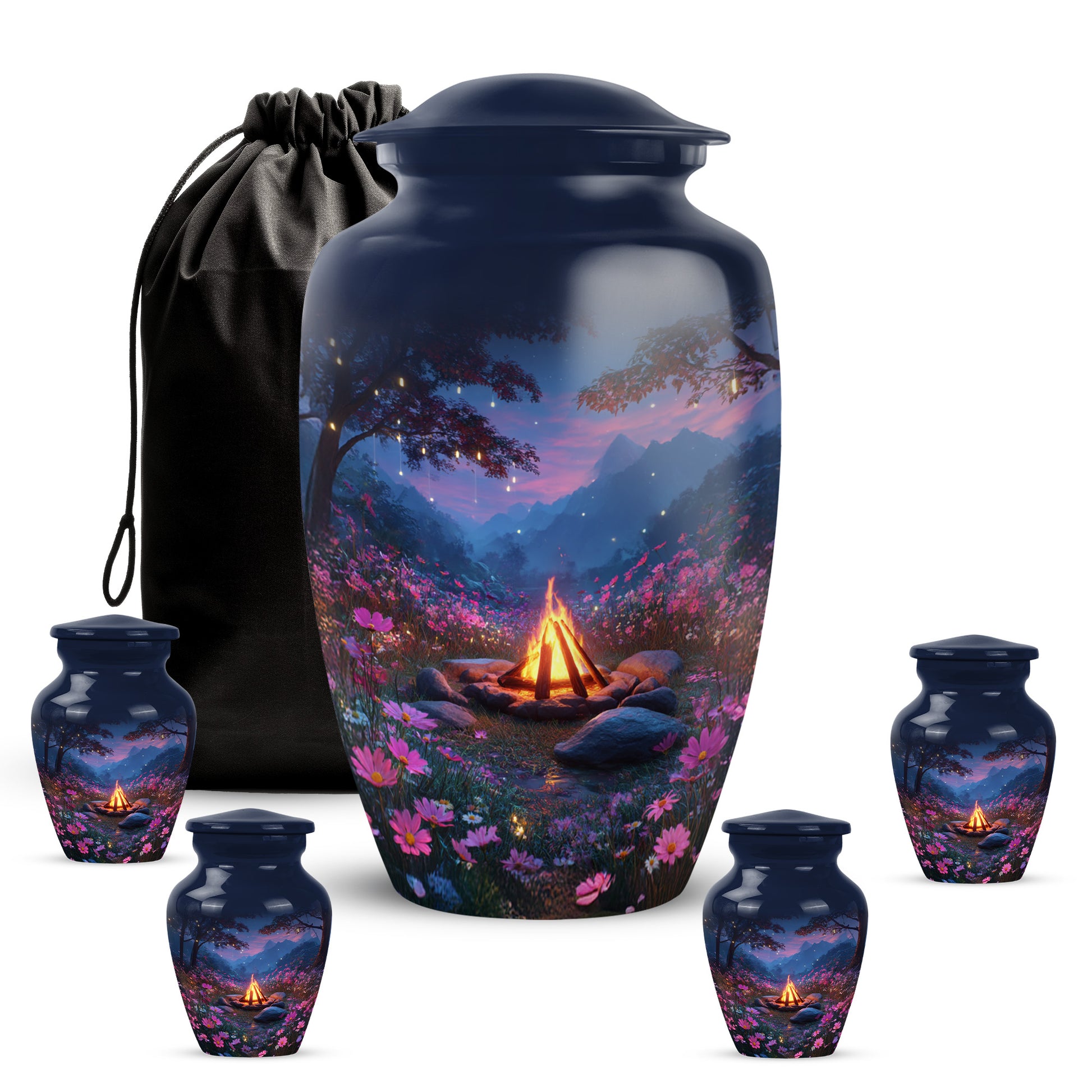 Indigo Campfire Cremation Urn top-down view of secure threaded lid - classic sculpted campfire pattern on smooth aluminum - memorial set with one large and four small urns