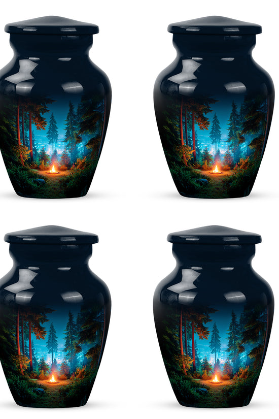 Ebony Campfire Cremation Urn side profile showing urn shape - timeless campfire motif etched into premium metal - 10 inch aluminum urn for cremated remains