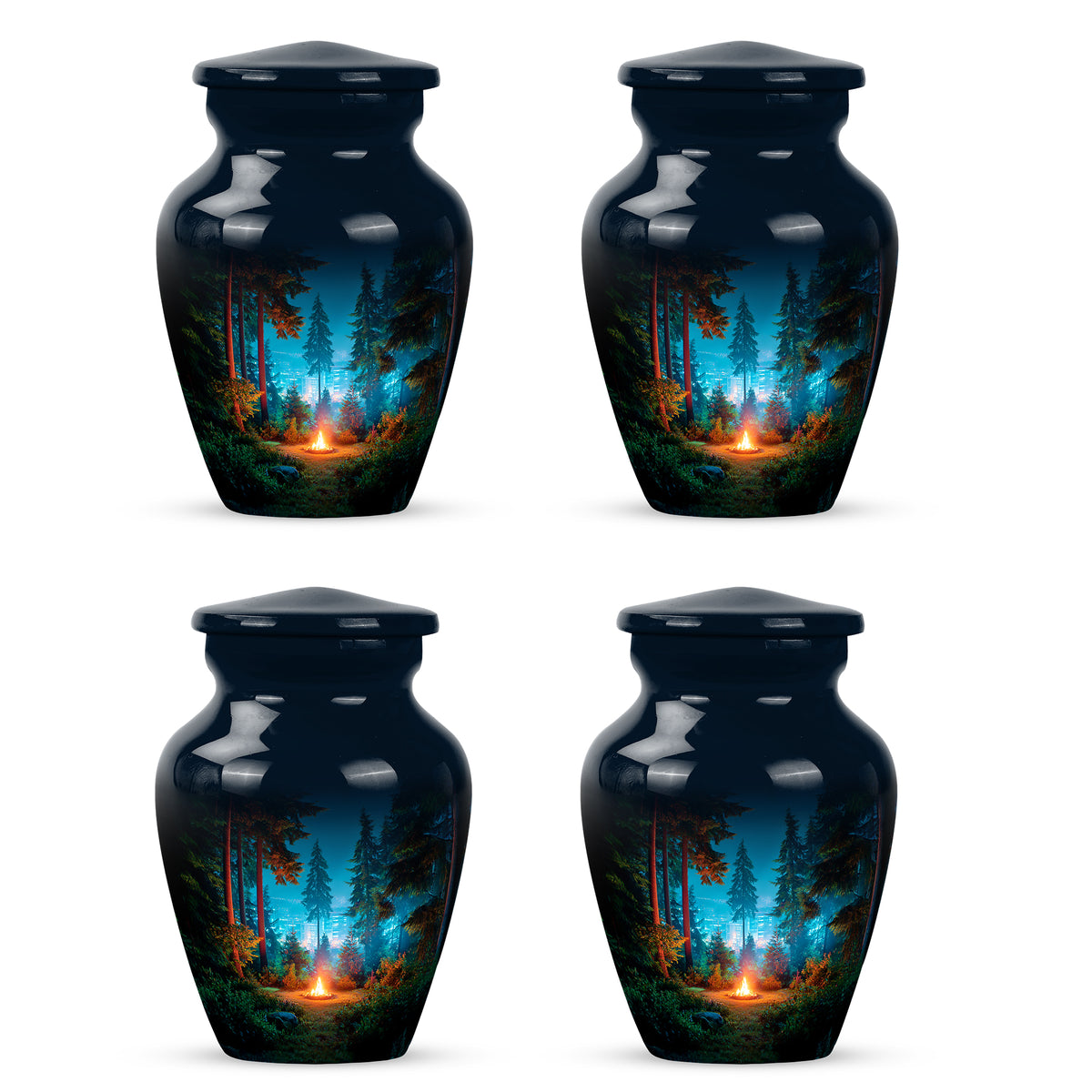 Ebony Campfire Cremation Urn side profile showing urn shape - timeless campfire motif etched into premium metal - 10 inch aluminum urn for cremated remains