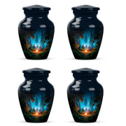 Ebony Campfire Cremation Urn side profile showing urn shape - timeless campfire motif etched into premium metal - 10 inch aluminum urn for cremated remains