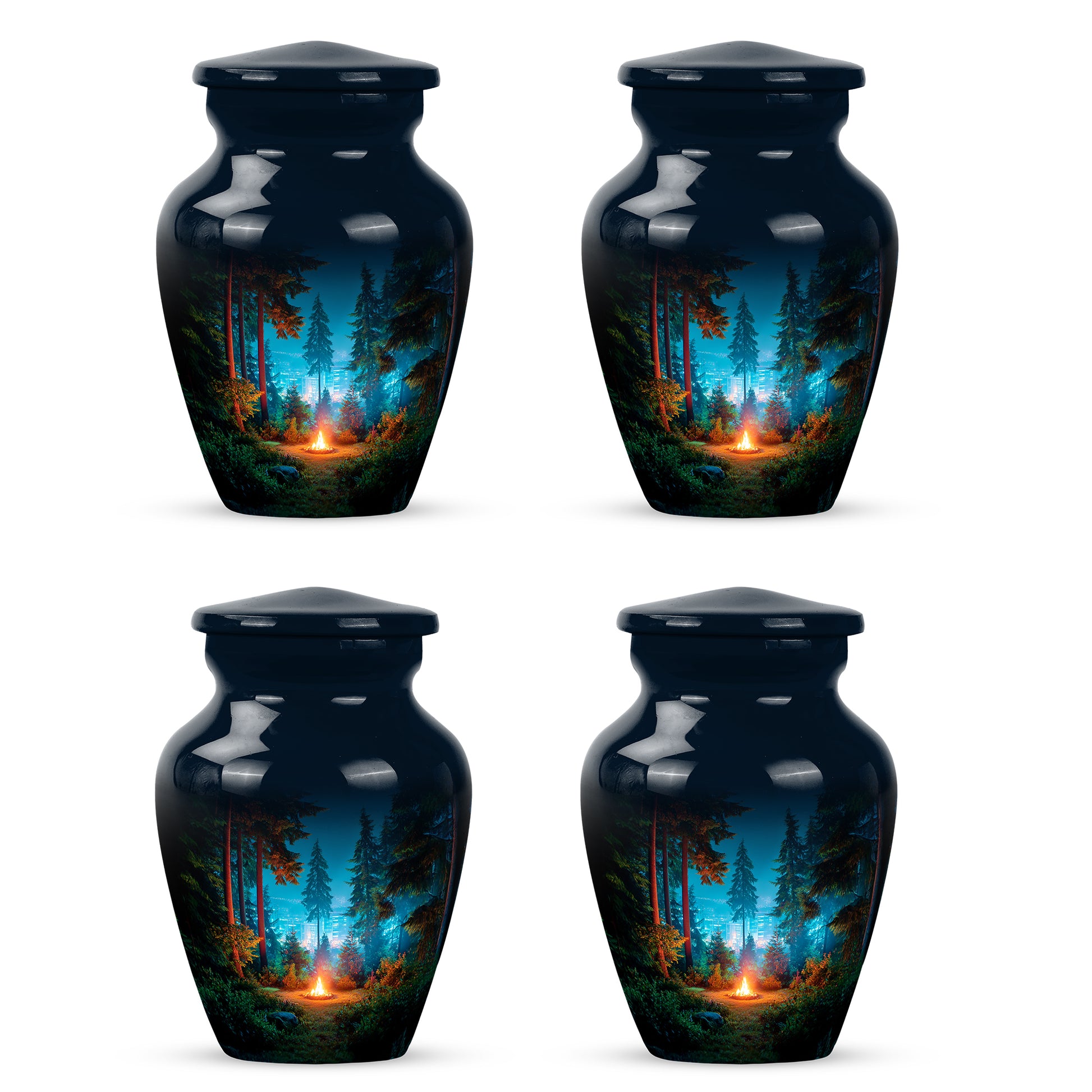 Ebony Campfire Cremation Urn side profile showing urn shape - timeless campfire motif etched into premium metal - 10 inch aluminum urn for cremated remains