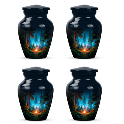 Ebony Campfire Cremation Urn side profile showing urn shape - timeless campfire motif etched into premium metal - 10 inch aluminum urn for cremated remains